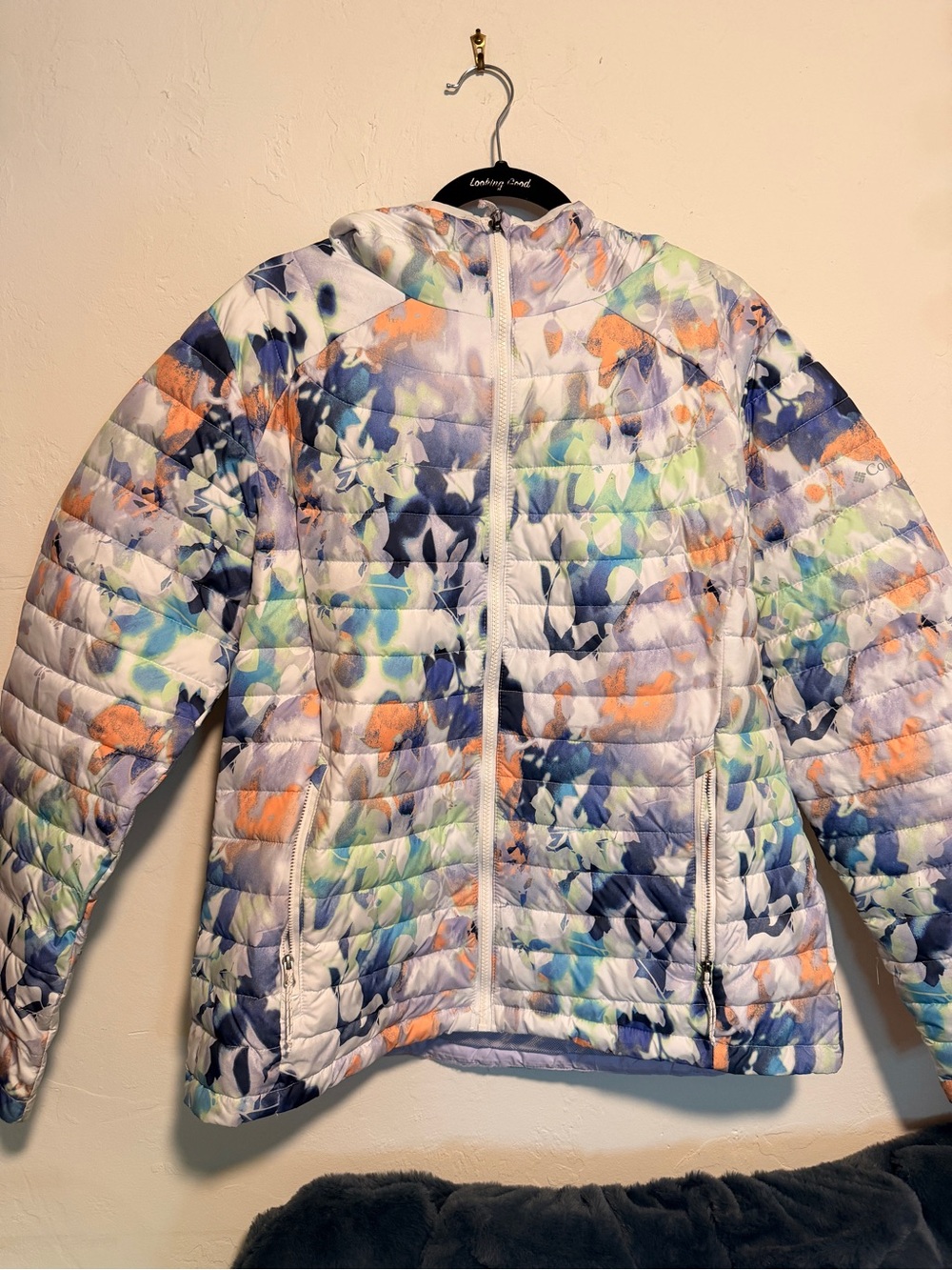 Columbia Floral Quilted Puffer Jacket - White with Purple Blue & Orange Accents